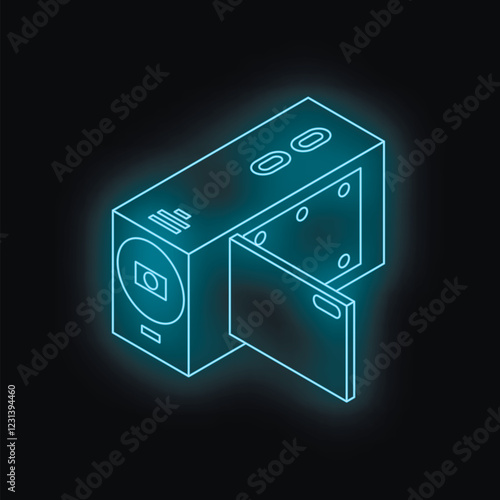 Futuristic neon blue action camera showing open battery compartment in isometric view