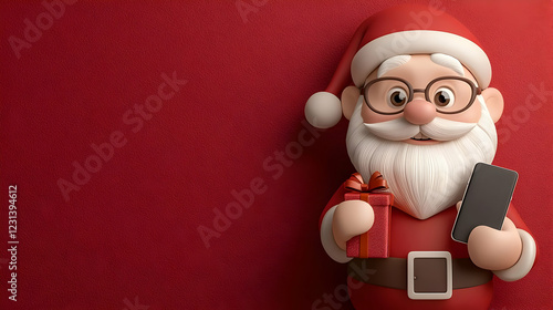 Santa Claus uses smartphone, holding gift, red background; Christmas greeting photo