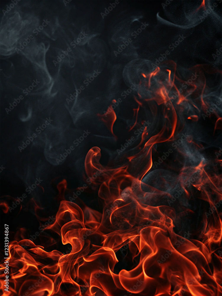 Fototapeta premium Red flame spread on dark background with smoke