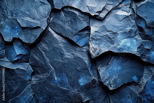 Blue wall background with assorted rocks in various sizes and shapes creating a natural texture photo