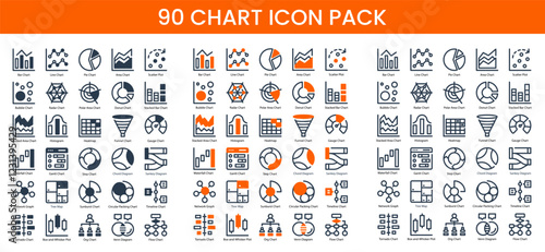 90 Chart Icons in 3 Styles (Line, Solid, Two-Tone), Featuring Org Chart, Area Chart, Bar Chart, and More – Vector Illustrations