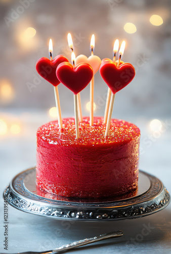 A delicious Valentine day romantic love cake decorated with hearts