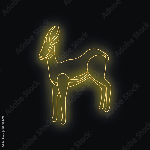 Neon yellow springbok gazelle standing, glowing on black background, simple elegant line art