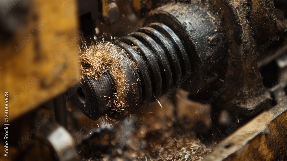 Close-up of a Lathe Machine Cutting Metal with Shavings