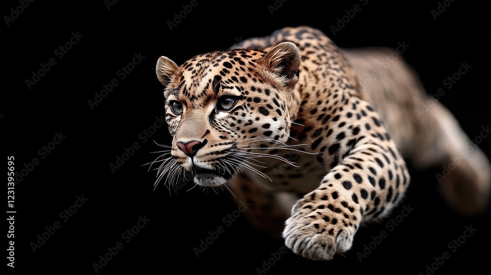 Fototapeta premium A dynamic action shot of a leopard mid-stride, every muscle accentuated against a dark background, capturing the essence of speed and agility.