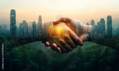 Handshake business with city and nature background esg concept
