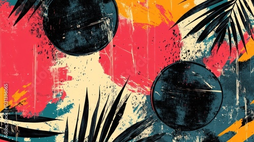 Tropical abstract art, vibrant paint splatters, palm leaves, circles, design background
