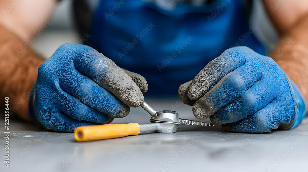 Mechanic repairing metal part in workshop Mechanic repairing metal part in workshop