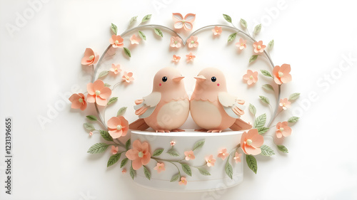 Origami made bird in love on white background with pink circle, paper cut art style.romantic couple, cartoon 3d illustration isolated. Cute animal characters in love.Spring and Valentines day concept
 photo