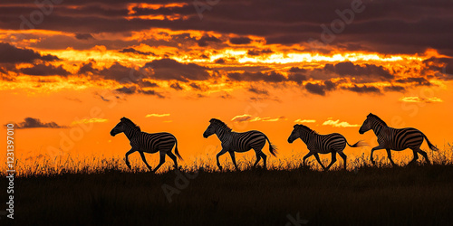 Group of zebras running in the field during sunset.