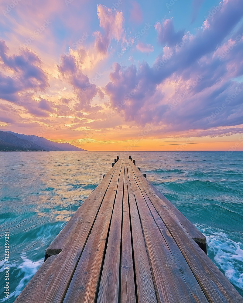 Scenic Wooden Pier Extending into the Ocean at Vibrant Sunset