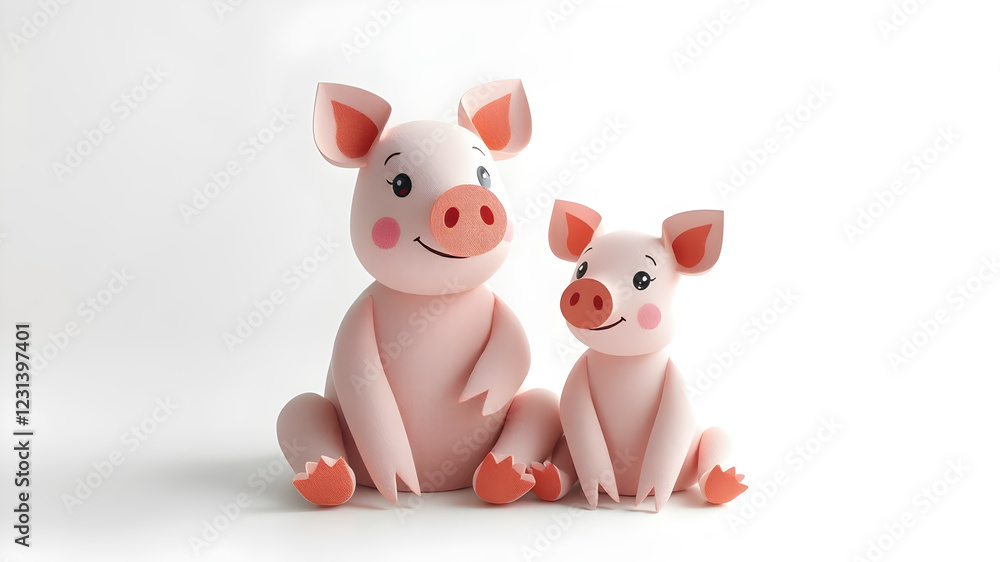 Fototapeta premium Cartoon pet animal family. Mothers ,father and kids. Domestic parents and children.Animal family 3d illustration.Paper cut style.Origami style.Pig family.