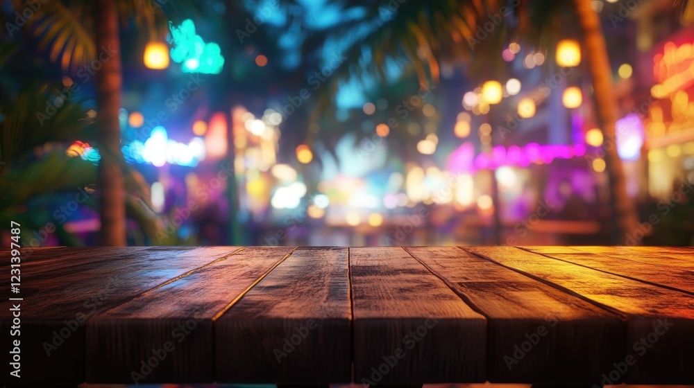 A lively Miami bar setting with rainbow bokeh lights in the background, featuring an empty wooden table ideal for product display or promotional content A lively Miami bar setting with rainbow bokeh lights in the background, featuring an empty wooden table ideal for product display or promotional content
