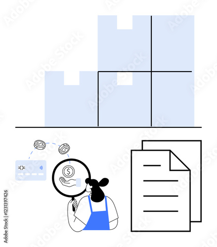 Woman using magnifying glass to inspect dollar symbol, connecting to documents and warehouse boxes. Ideal for finance, auditing, supply chain, inventory management, transparency, compliance, business
