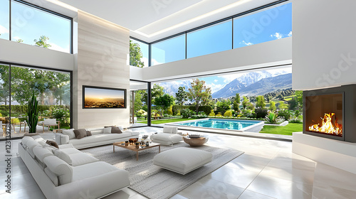 Modern mountain villa living room with pool view photo