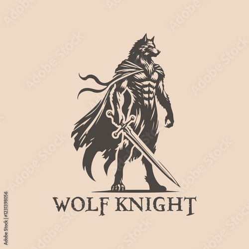 Εκτύπωση καμβά Standing Werewolf wearing cape and holding sword vector drawing
