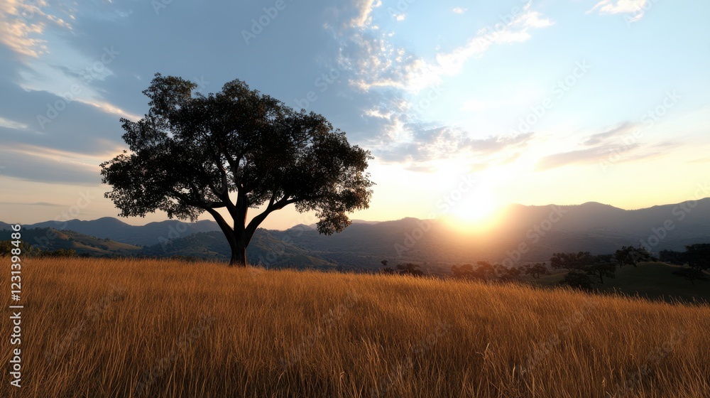 A solitary tree stands amidst golden fields at sunset, embodying tranquility and beauty of nature. A solitary tree stands amidst golden fields at sunset, embodying tranquility and beauty of nature.