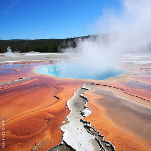 Excelsior geyser in the Midway Basin, blue means the hottest temperatures. Yellowstone National Park. photo