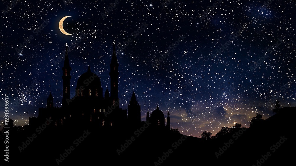 Mosque silhouette in night sky with crescent moon and star Islam. Mosque silhouette in night sky with crescent moon and star Eid Mosque silhouette in night sky with crescent moon and star Islam. Mosque silhouette in night sky with crescent moon and star Eid