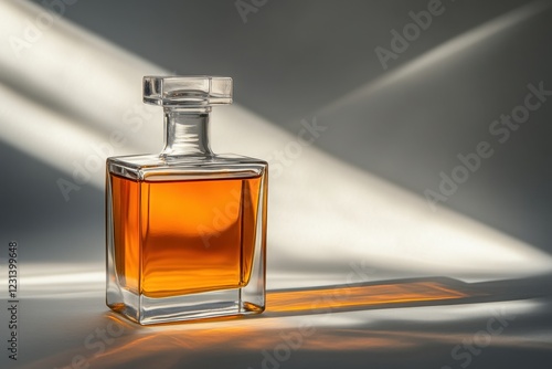 Glass bottle with amber liquid reflecting light and creating soft shadows on a surface