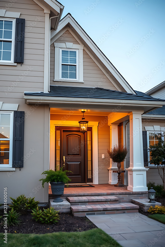 Fototapeta premium Luxury House Exterior at Dusk: Elegant Brick Steps and Landscaping