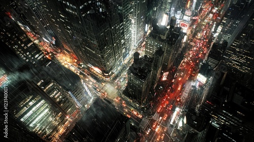 Aerial night view of city streets with dense traffic and skyscrapers.
