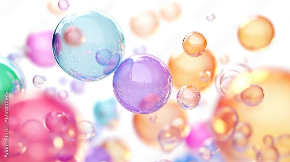 Colorful translucent bubbles floating on white background Colorful translucent bubbles floating on white background