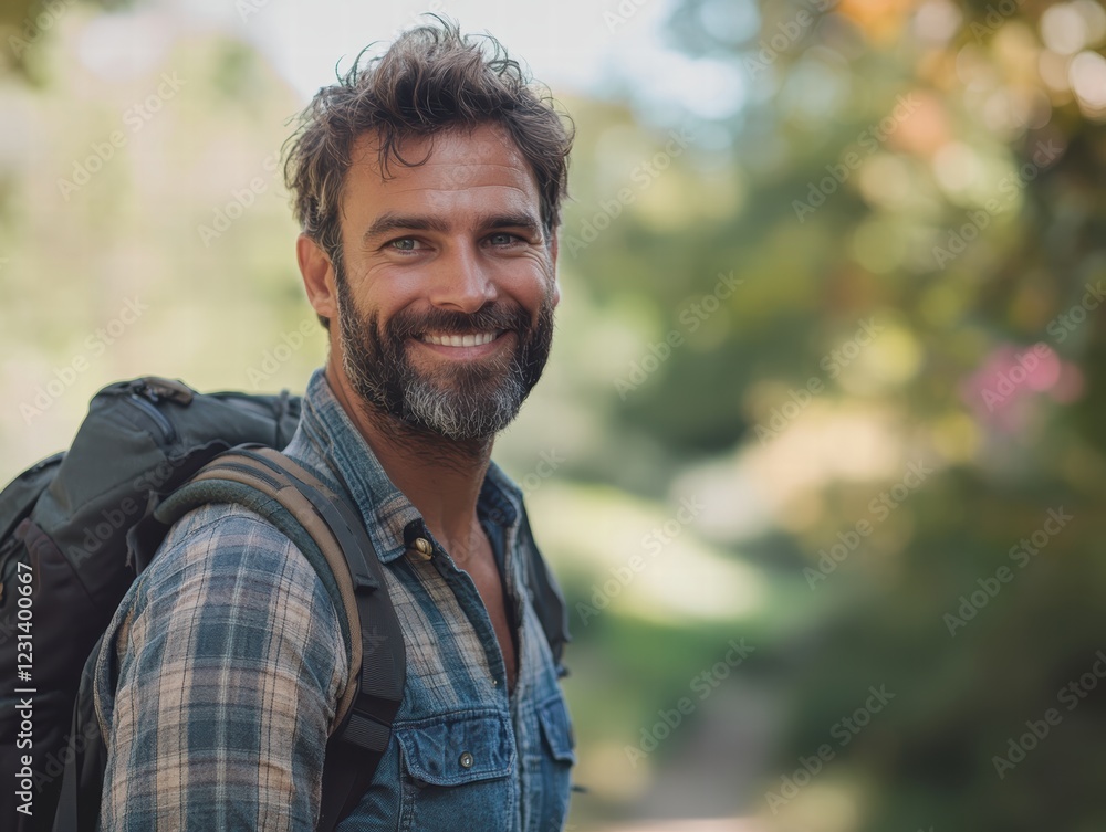 A bearded man with a soft smile, standing outside in nature with a backpack, wearing a casual shirt and jeans. A bearded man with a soft smile, standing outside in nature with a backpack, wearing a casual shirt and jeans.