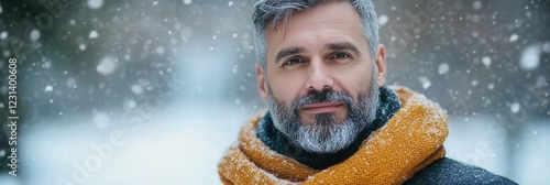 A bearded man with a friendly expression, wearing a cozy scarf and sweater, walking through a snowy outdoor scene in the winter. photo