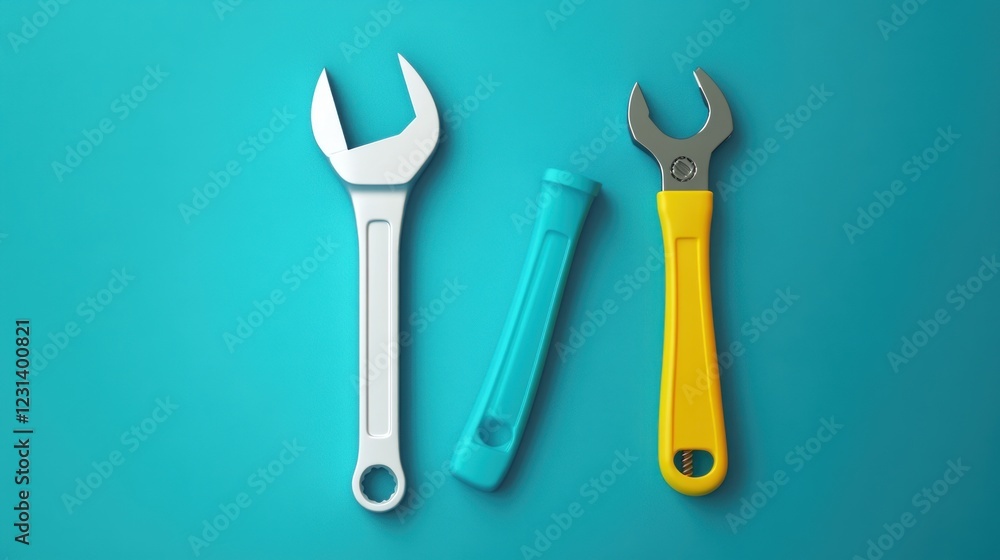 Three adjustable wrenches on a teal background Three adjustable wrenches on a teal background