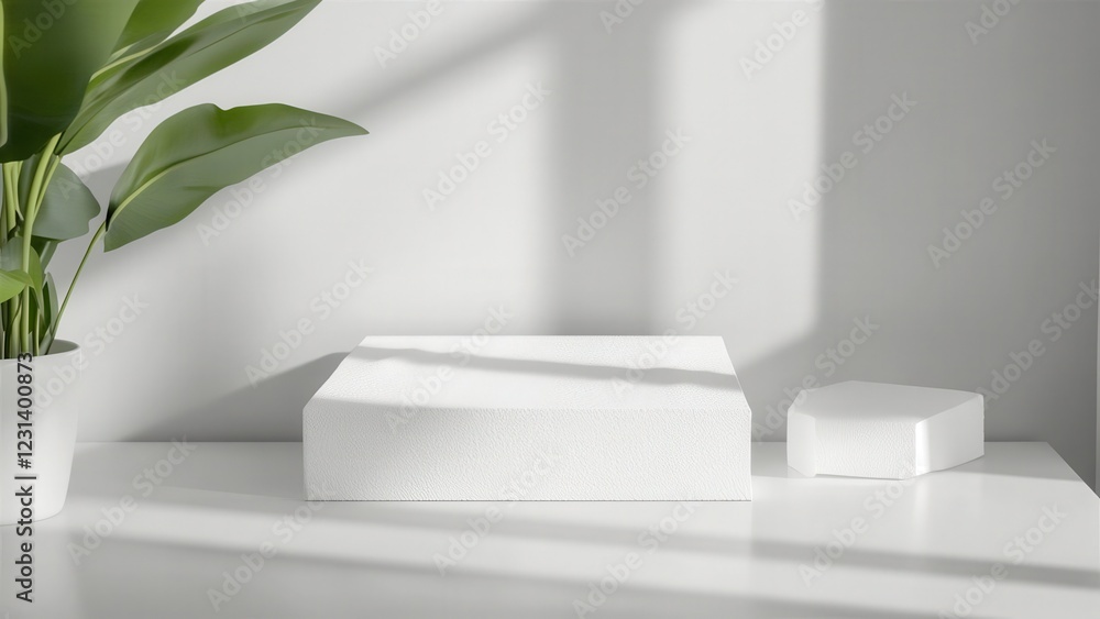Minimalist Indoor Scene with White Shapes and Green Plant Minimalist Indoor Scene with White Shapes and Green Plant