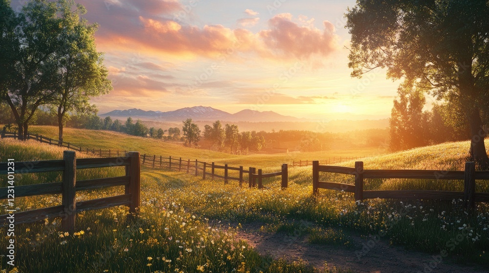 Obraz premium A peaceful sunrise over a fenced ranch, with warm golden light spilling over the landscape, capturing the tranquility of the countryside