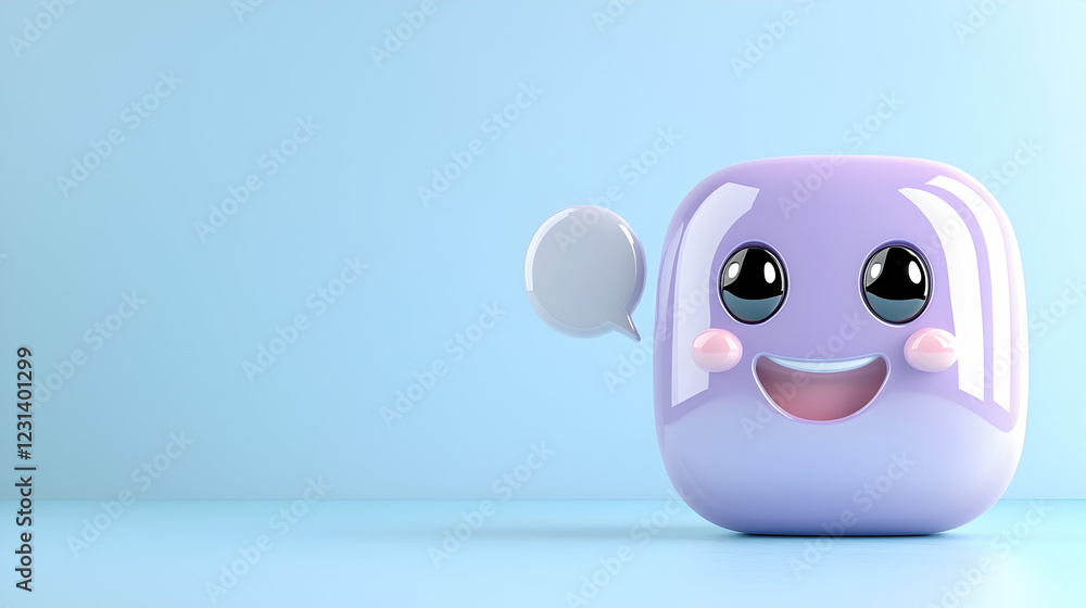 Fototapeta premium Happy purple cube emoji chatting, pastel background; social media
