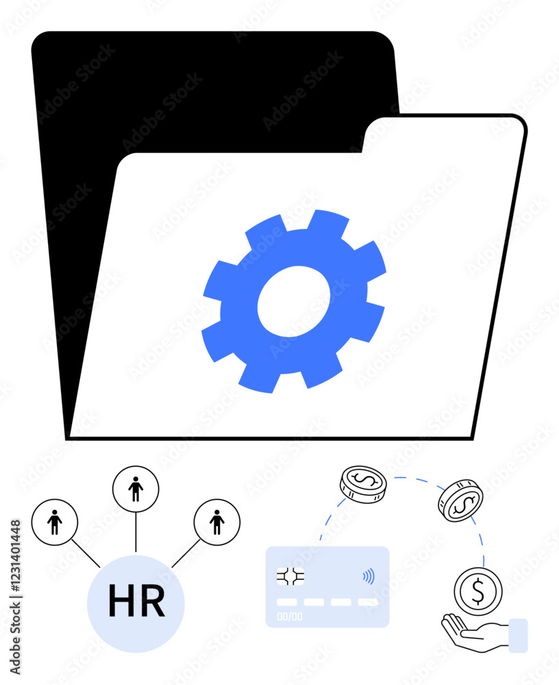 File folder with blue gear icon, HR network diagram with connecting lines and people icons, credit card, money exchange hand, and currency symbols. Ideal for business workflow, HR management File folder with blue gear icon, HR network diagram with connecting lines and people icons, credit card, money exchange hand, and currency symbols. Ideal for business workflow, HR management