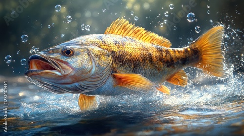 Hyperrealistic digital painting of a large mouth bass jumping out of water with dramatic lighting and bubbles photo