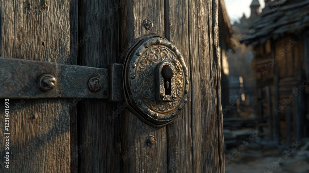 Close-up of an old, ornate metal lock on a weathered wooden door in a medieval village setting.