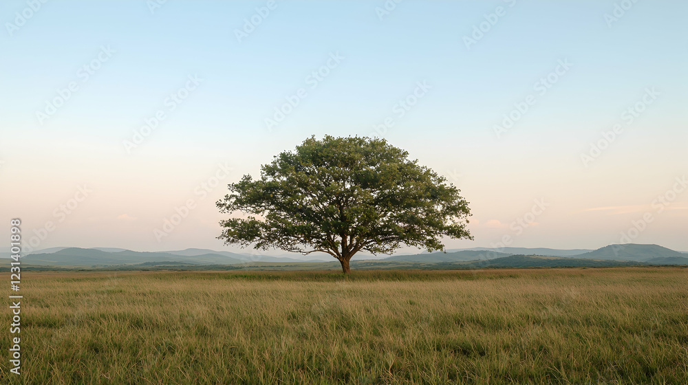 Obraz premium Solitary tree in field, sunset mountains background, nature serenity, wallpaper