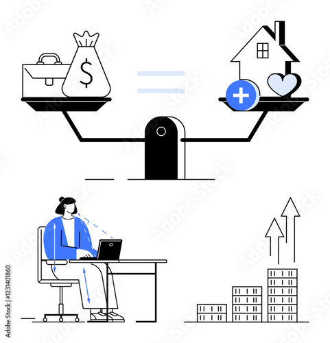 Scales balancing a job bag and money against a house and heart, a person working on a laptop at a desk, and growth arrows with building bars. Ideal for balance, lifestyle, growth, health, economics