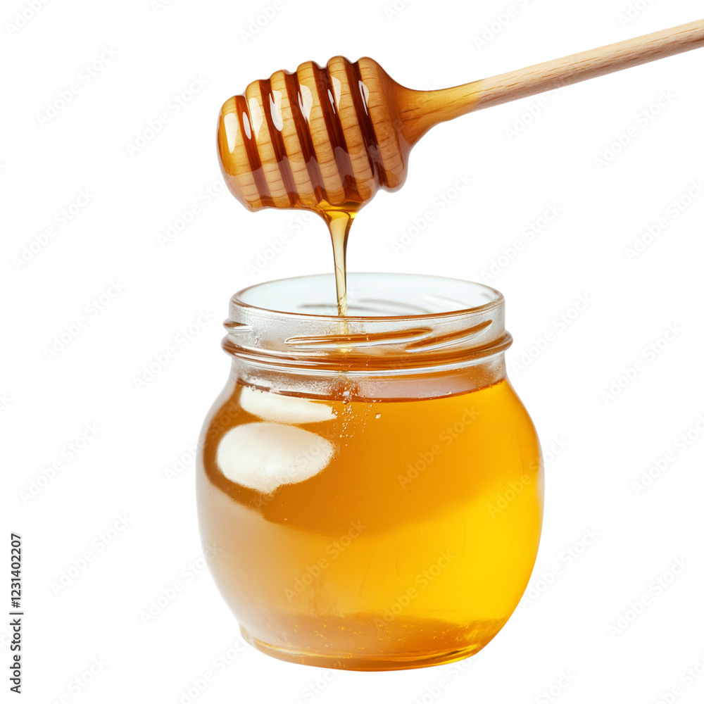 Honey dripping with dipper isolated on transparent background Generative Ai. Honey dripping with dipper isolated on transparent background Generative Ai.