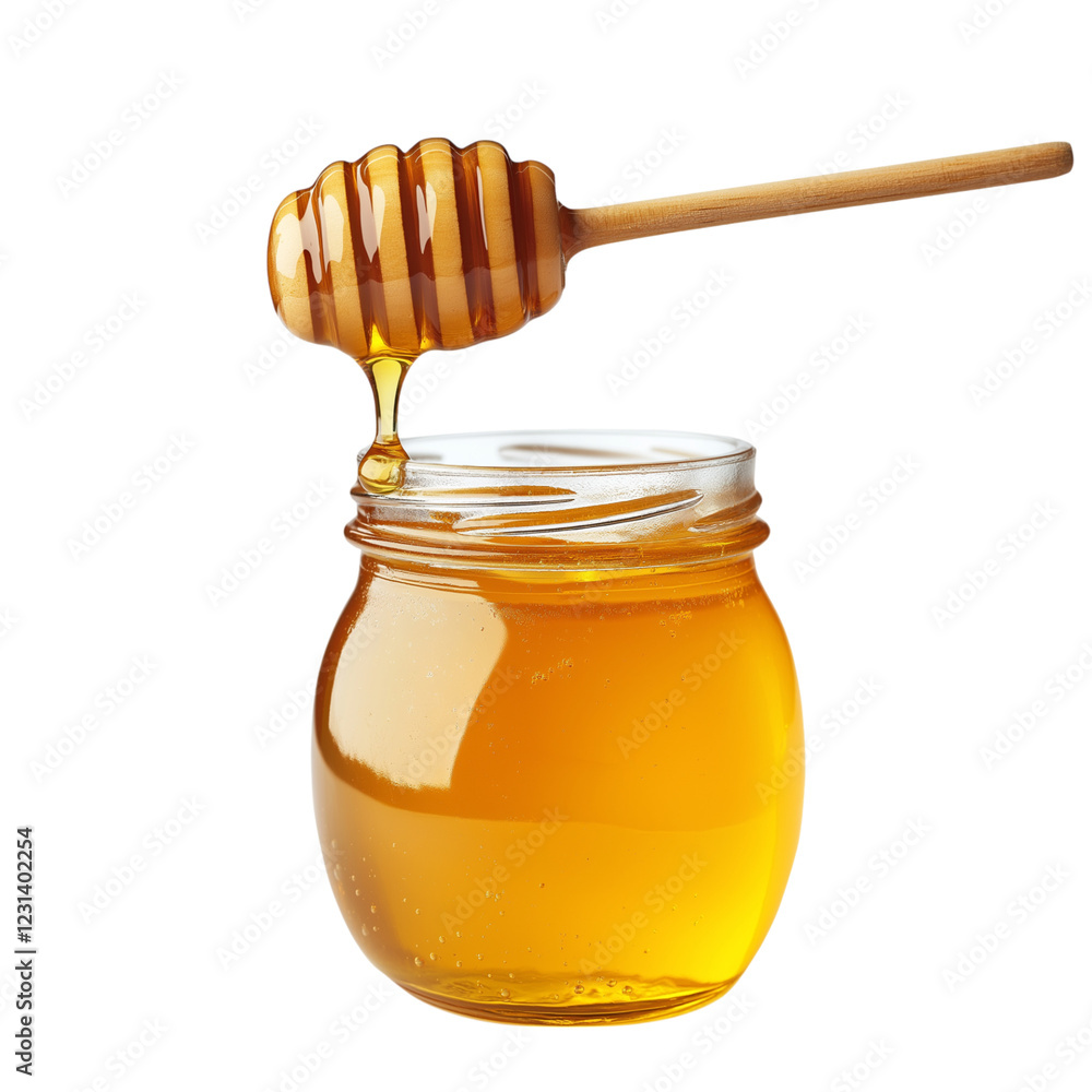 Honey dripping with dipper isolated on transparent background Generative Ai. Honey dripping with dipper isolated on transparent background Generative Ai.