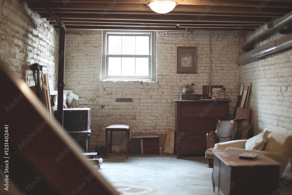 A dimly lit basement with exposed brick walls, vintage furniture, and a small window. A dimly lit basement with exposed brick walls, vintage furniture, and a small window.