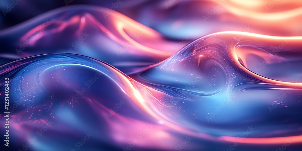 Naklejka premium Stunning 3D render of glossy metallic blue and purple abstract shapes with smooth curves, set against a dark background, perfect for modern and futuristic designs