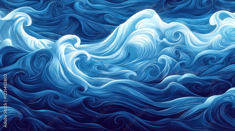 Ocean waves pattern, blue swirls, digital art, sea background, textile design Ocean waves pattern, blue swirls, digital art, sea background, textile design