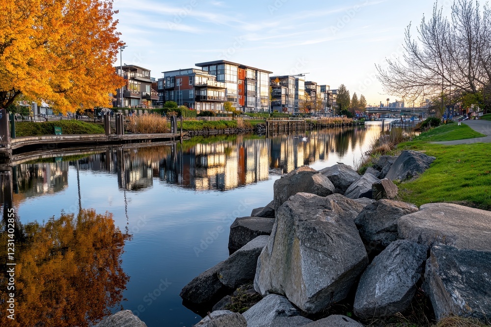 Fototapeta premium Tranquil Autumn Evening by the Water with Modern Buildings and Colorful Foliage Reflection