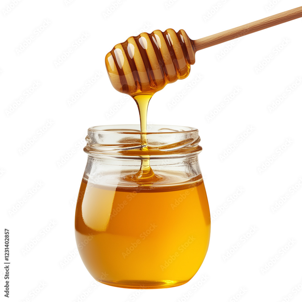 Honey dripping with dipper isolated on transparent background Generative Ai. Honey dripping with dipper isolated on transparent background Generative Ai.