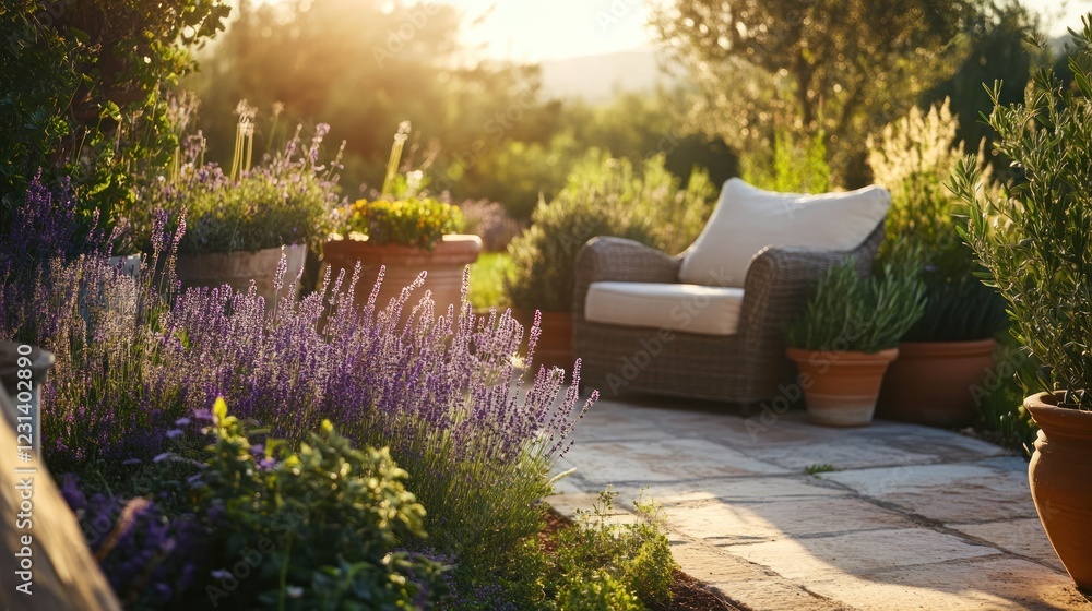 Fototapeta premium Serene sunset garden scene with lavender, patio furniture, and stone pathway.