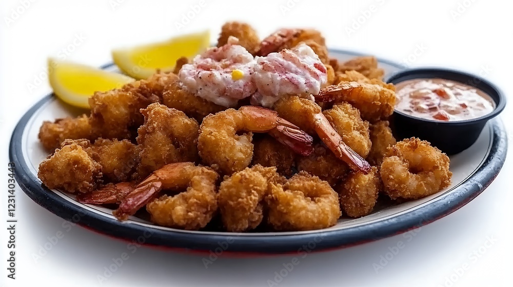Crispy Fried Shrimp with Creamy Sauce and Lemon Wedges Crispy Fried Shrimp with Creamy Sauce and Lemon Wedges