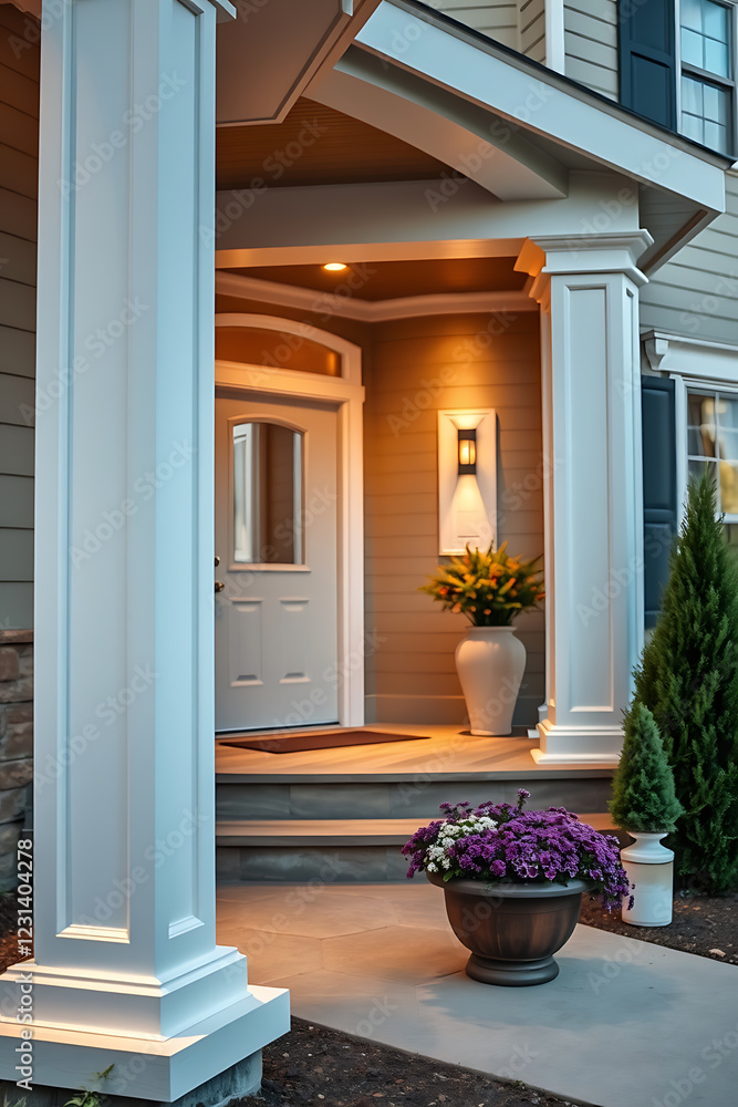 Fototapeta premium Elegant Home Exterior at Dusk: Inviting Porch Design with Classic Columns and Warm Lighting
