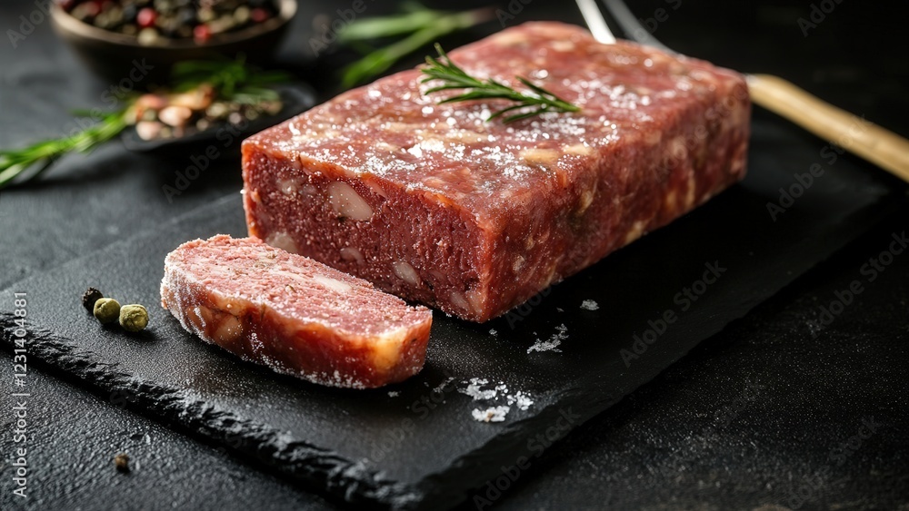 Sliced Meat Loaf with Spices and Herbs on Slate Background Sliced Meat Loaf with Spices and Herbs on Slate Background
