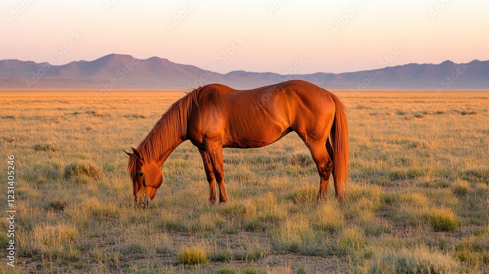 Chestnut horse grazing in a vast, golden grassland at sunset, with mountains in the background. Chestnut horse grazing in a vast, golden grassland at sunset, with mountains in the background.